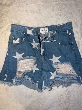 Star Print Distressed Denim Shorts - Blue & White